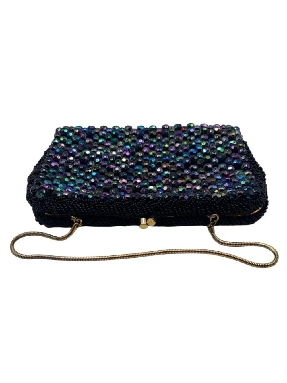 Vintage Black Beaded Evening Clutch Bag Iridescent Beads & Gold Chain Strap